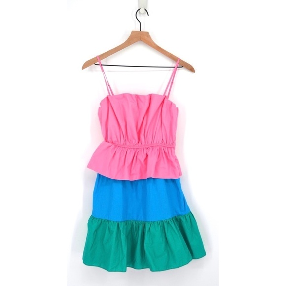 NEW Milly Nina Tiered Colorblock Mini Dress Ruffle Poplin Pink Blue Women's S - Picture 3 of 13